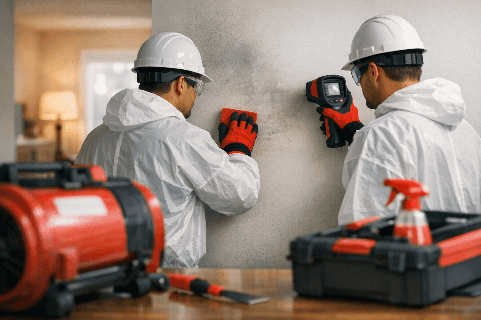 Two fire damage restoration workers in protective gear inspecting smoke-stained residential wall