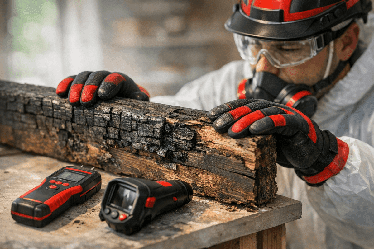 Close-up of gloved hands examining charred wooden beam with restoration tools nearby